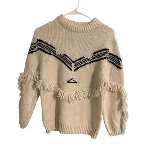 Zara Sweater Girls 13/14 Off White Black V Neck Girls’ Sweater Fringe